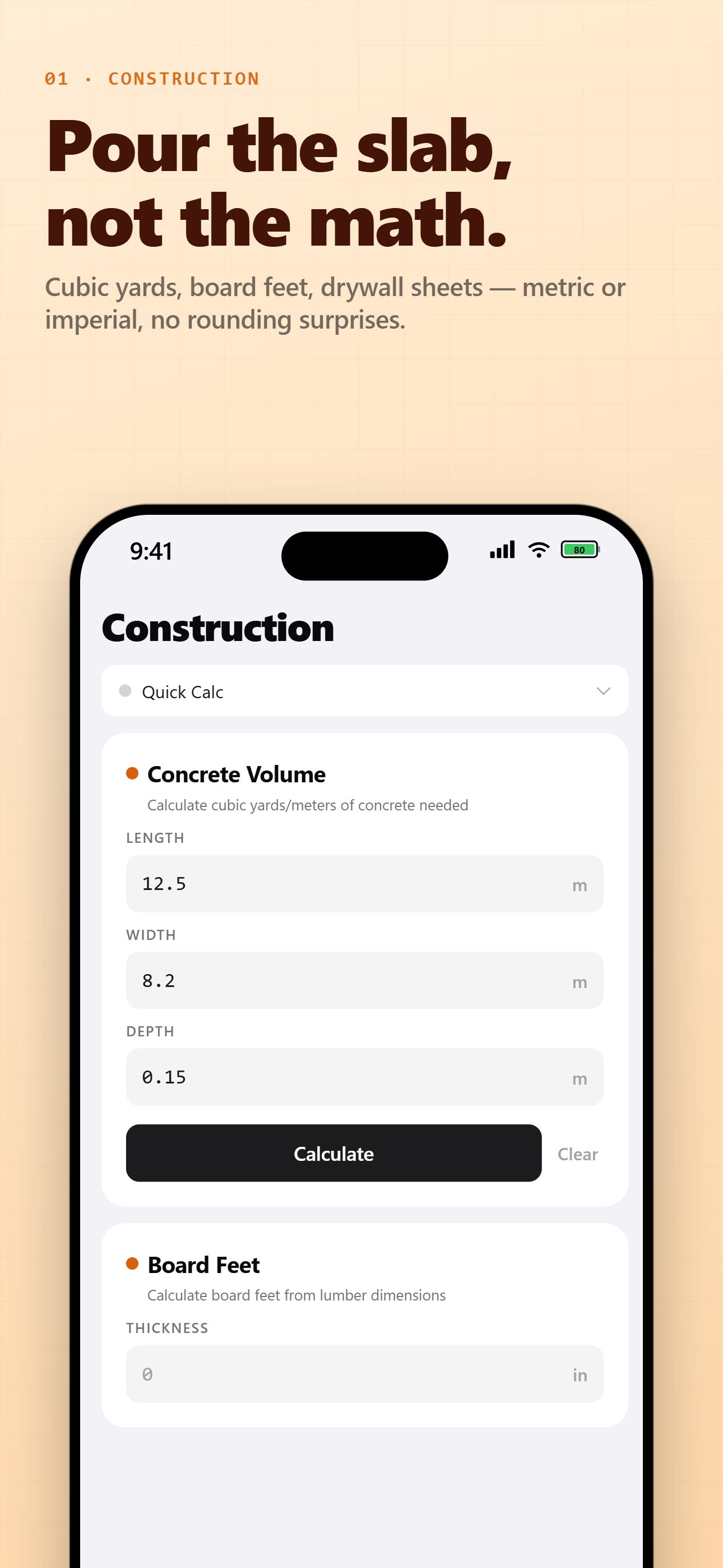CalcRig construction calculator screen