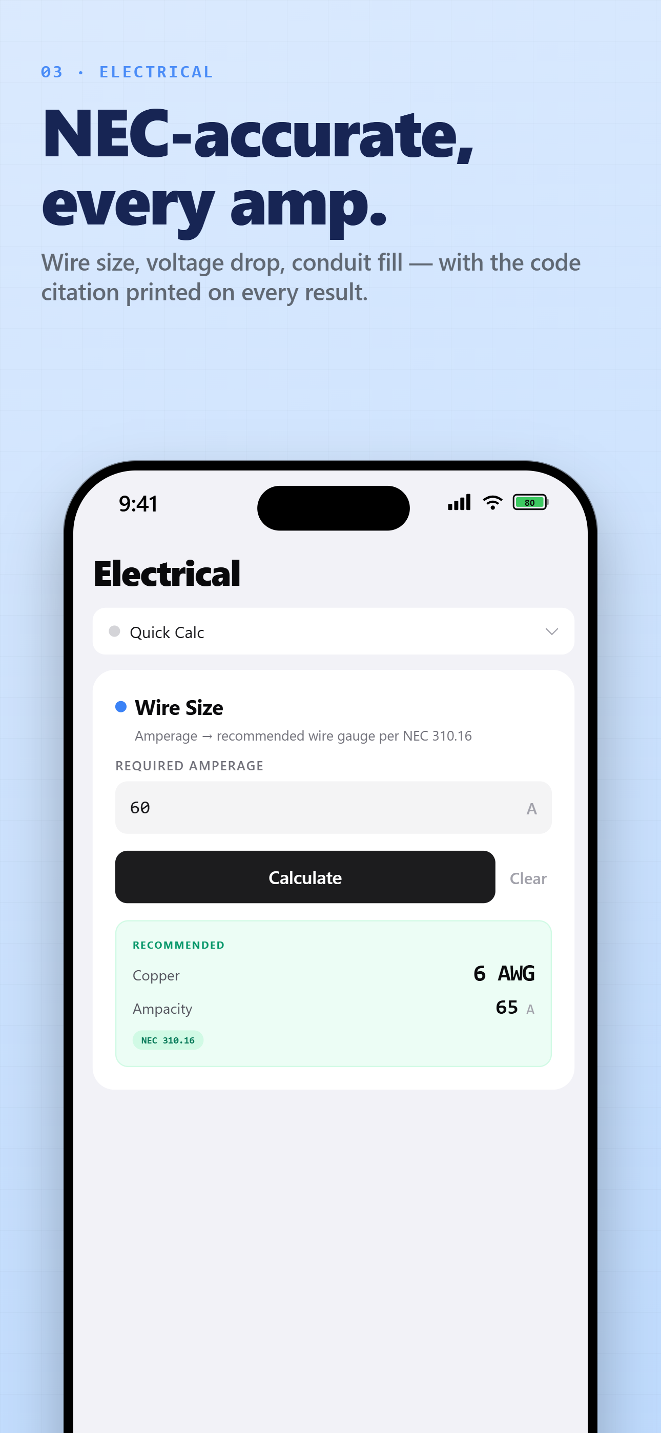 CalcRig electrical calculator screen