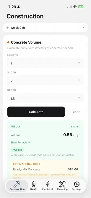 CalcRig Construction: Concrete Volume showing 12.5×8.2×0.15 inputs and 20.1 YD³ result with ACI 318 citation