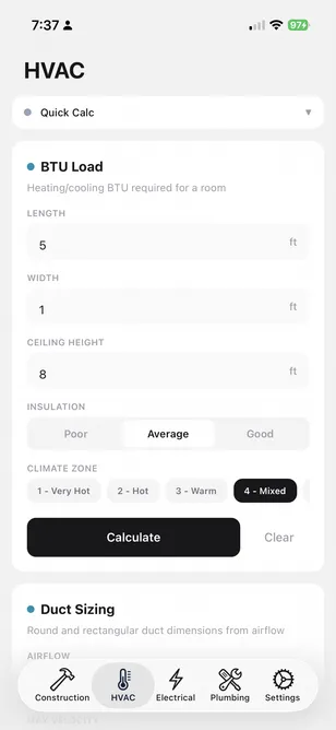 CalcRig HVAC: BTU Load with length/width/ceiling inputs, Average insulation, climate Zone 4 — Mixed