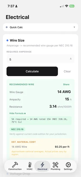 CalcRig — Electrical trade, Wire Size calculator: 5 A amperage returning 14 AWG with 15 A ampacity, 3.14 Ω/1000 ft, NEC 310.16 cited
