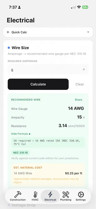 CalcRig Electrical: Wire Size for 5 A amperage, returning 14 AWG with 15 A ampacity, 3.14 Ω/1000 ft, NEC 310.16 cited
