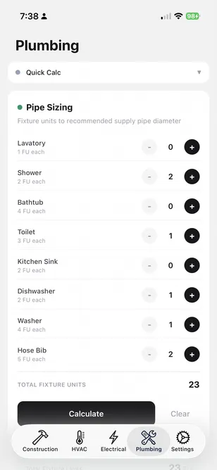 CalcRig Plumbing: Pipe Sizing with fixture-unit picker rows (Lavatory, Shower, Bathtub, Toilet, Kitchen Sink, Dishwasher, Washer, Hose Bib), total 23 WSFU